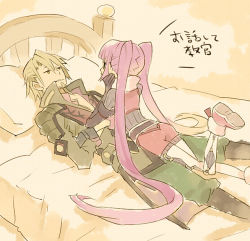 Rule 34 | 1boy, 1girl, bad id, bad pixiv id, bed, blonde hair, brown eyes, head rest, crossed arms, girl on top, long hair, lying, lying on person, malik caesars, on back, on bed, on stomach, purple hair, sophie (tales), tales of (series), tales of graces, translated, twintails, very long hair, yellow background, zenmai