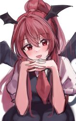 Rule 34 | 1girl, :d, alternate hairstyle, black dress, blush, commentary, demon wings, dress, hair between eyes, hands up, head rest, head wings, highres, interlocked fingers, koakuma, kosaka sakasa, long hair, looking at viewer, necktie, one-hour drawing challenge, open mouth, own hands together, ponytail, puffy short sleeves, puffy sleeves, red eyes, red hair, red necktie, shirt, short sleeves, sketch, sleeveless, sleeveless dress, smile, solo, touhou, upper body, white background, white shirt, wings