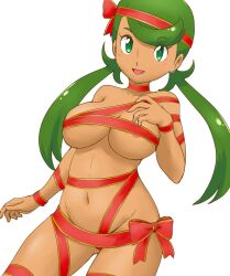 Rule 34 | 1girl, areola slip, bare arms, bare legs, blush, breasts, christmas, collarbone, cowboy shot, creatures (company), dark-skinned female, dark skin, english text, female focus, game freak, green eyes, green hair, hair ornament, hairband, large breasts, long hair, looking at viewer, mallow (pokemon), matching hair/eyes, medium breasts, naked ribbon, navel, nintendo, nude, pokemon, pokemon sm, red ribbon, ribbon, shiny skin, simple background, smile, solo, standing, swept bangs, tof