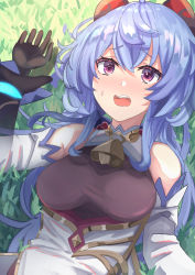 Rule 34 | 1girl, absurdres, aether (genshin impact), bare shoulders, bell, black gloves, blue hair, blush, breasts, detached sleeves, disembodied hand, ganyu (genshin impact), genshin impact, gloves, gold trim, grass, highres, holding another&#039;s wrist, horns, long hair, looking at viewer, lying, medium breasts, mxsoundtube, neck bell, nose blush, on back, open mouth, outdoors, purple eyes, sweat, wavy mouth, white sleeves