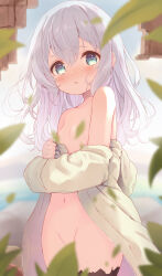 Rule 34 | 1girl, blurry, blush, breasts, censored, clothes pull, convenient censoring, cowboy shot, depth of field, green eyes, highres, komone ushio, leaf, leaf censor, long hair, looking at viewer, navel, open mouth, original, outdoors, shirt, shirt pull, small breasts, solo, standing, white hair