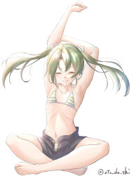 Rule 34 | 1girl, absurdres, arms up, atodashi, barefoot, bikini, closed eyes, closed mouth, flat chest, green hair, hair ribbon, highres, kantai collection, long hair, ribbon, shorts, simple background, sitting, solo, stretching, striped bikini, striped clothes, swimsuit, swimsuit under clothes, twintails, twitter username, white background, white ribbon, zuikaku (kancolle)