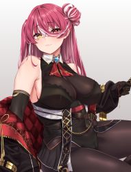 Rule 34 | 1girl, bare shoulders, black gloves, black jacket, black leotard, black pantyhose, blush, breasts, cleavage, closed mouth, commentary, covered navel, elbow gloves, english commentary, gloves, grey background, hair between eyes, hair bun, heterochromia, highres, hololive, houshou marine, houshou marine (marching band), jacket, large breasts, leotard, long hair, long sleeves, looking at viewer, moisture (chichi), multicolored hair, off shoulder, pantyhose, red eyes, red hair, see-through, see-through cleavage, simple background, smile, solo, streaked hair, thighs, virtual youtuber, white hair, yellow eyes