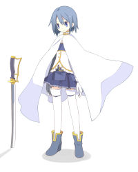 Rule 34 | 10s, 1girl, blue eyes, blue hair, cape, expressionless, full body, gloves, highres, mahou shoujo madoka magica, mahou shoujo madoka magica (anime), matching hair/eyes, miki sayaka, mitsusaka mitsumi, short hair, simple background, solo, standing, sword, thighhighs, weapon, white gloves, white thighhighs