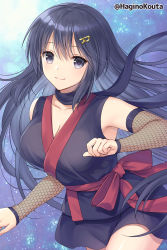 Rule 34 | 1girl, bare shoulders, black hair, black kimono, black scarf, bow, breasts, cleavage, closed mouth, collarbone, commission, detached sleeves, fishnet sleeves, fishnets, grey eyes, hagino kouta, hair between eyes, hair ornament, highres, japanese clothes, kimono, long hair, medium breasts, original, red bow, scarf, skeb commission, sleeveless, sleeveless kimono, smile, solo, twitter username, very long hair