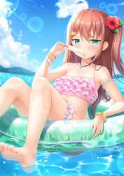 Rule 34 | 1girl, 7fuji 06, absurdres, aqua background, ass, barefoot, blush, brown hair, cloud, collarbone, commentary, feet, flower, food, glaring, hair flower, hair ornament, hairclip, highres, jewelry, jitome, long hair, looking at viewer, necklace, original, popsicle, scrunchie, seashell, shell, shell hair ornament, sky, soles, solo, swimsuit, thigh strap, thighs, toes, water, wrist scrunchie, yellow scrunchie