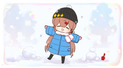 Rule 34 | 1girl, alternate costume, beanie, black hat, blue coat, blush, brown hair, chibi, closed eyes, coat, commentary request, hair between eyes, hair ornament, hairclip, hat, kantai collection, long hair, long sleeves, open mouth, outdoors, scarf, snow, snowball, solo, star (symbol), tashkent (kancolle), tree, twintails, very long hair, white scarf, yuasa makoto