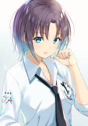 Rule 34 | absurdres, aqua eyes, asakura toru, black neckwear, blue nails, breasts, brown hair, chromatic aberration, collarbone, commentary request, dress shirt, hair strand, hand on own face, highres, idolmaster, idolmaster shiny colors, looking at viewer, nail polish, parted lips, pen in pocket, shirt, short hair, small breasts, solo, tsunenorip, upper body, white background, white shirt