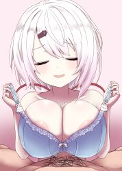 Rule 34 | 1girl, areola slip, blue bra, blush, bow, bow bra, bra, breasts, cleavage, closed eyes, collarbone, eromegane3103, fingernails, gradient background, gradient hair, hair between eyes, hair ornament, hair ribbon, hairclip, highres, implied paizuri, large breasts, long bangs, low ponytail, multicolored hair, nijisanji, open mouth, pink background, pink hair, print bra, pulling own clothes, raised eyebrows, red ribbon, ribbon, shiina yuika, smile, solo focus, strap pull, two-tone hair, underwear, underwear only, virtual youtuber, white bow, white hair