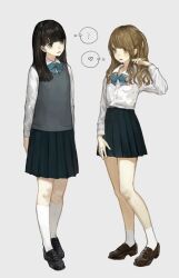 Rule 34 | 2girls, ?, ankle socks, black eyes, black footwear, black hair, black skirt, blue bow, blue bowtie, bow, bowtie, brown eyes, brown footwear, brown hair, closed mouth, collared shirt, full body, grey sweater vest, hand up, heart, highres, kneehighs, loafers, long hair, long sleeves, looking at another, lower teeth only, multiple girls, one side up, original, parted lips, pleated skirt, sakauchi waka, shirt, shoes, simple background, skirt, socks, standing, sweater vest, teeth, thought bubble, white background, white shirt, white socks