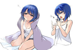 Rule 34 | 1girl, alternate costume, bare legs, between legs, blanket, blue eyes, blue hair, breasts, catria (fire emblem), cleavage, drowsy, fire emblem, fire emblem: mystery of the emblem, fire emblem: shadow dragon, fire emblem echoes: shadows of valentia, hand between legs, looking at viewer, medium breasts, messy hair, multiple views, nintendo, one eye closed, open mouth, parted lips, shimotsuki iko, short hair, short shorts, shorts, simple background, sitting, sleepy, sleeveless, tank top, wariza, white background, yawning