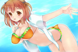 Rule 34 | 1girl, ass, bad id, bad pixiv id, bent over, bikini, blush, breasts, brown eyes, brown hair, cleavage, frilled bikini, frills, hataraku maou-sama!, large breasts, looking at viewer, modern afro, open clothes, open mouth, open shirt, outstretched arm, perky breasts, sasaki chiho, shiny skin, shirt, short hair, smile, solo, strap gap, swimsuit, thigh gap
