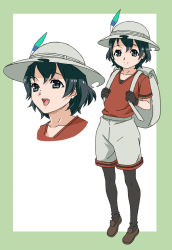 Rule 34 | 10s, 1girl, :d, amano yo-ki, anime coloring, backpack, bag, black eyes, black gloves, black hair, black pantyhose, border, brown footwear, bucket hat, closed mouth, collarbone, gloves, hair between eyes, hat, hat feather, kaban (kemono friends), kemono friends, looking at viewer, multiple views, open mouth, pantyhose, red shirt, shirt, shoes, short hair, short sleeves, shorts, smile, standing, white background, white shorts