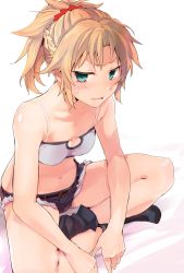 Rule 34 | 1girl, ankle boots, bandeau, bare arms, bare legs, bare shoulders, belt, belt buckle, black footwear, blonde hair, blush, boots, braid, breasts, buckle, cutoffs, denim, fate/grand order, fate (series), french braid, green eyes, hair ornament, hair scrunchie, highres, indian style, leaning forward, looking at viewer, micro shorts, mordred (fate), mordred (fate/apocrypha), mordred (memories at trifas) (fate), navel, open mouth, ponytail, red scrunchie, scrunchie, short hair, short shorts, shorts, sidelocks, sitting, small breasts, solo, sweatdrop, tomozero, v-shaped eyebrows