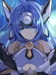 Rule 34 | 1girl, android, asagi1111, bare shoulders, blue eyes, blue hair, breasts, cleavage, elbow gloves, forehead protector, gloves, highres, kos-mos, large breasts, long hair, looking at viewer, medium breasts, simple background, smile, solo, very long hair, xenosaga, xenosaga episode i