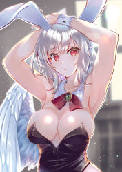 Rule 34 | 1girl, :o, alternate costume, angel wings, animal ears, armpits, arms up, black leotard, blurry, blurry background, bow, braid, breasts, brooch, cleavage, collarbone, commentary request, detached collar, fake animal ears, feathered wings, french braid, gem, green gemstone, hands on own head, highres, indoors, jewelry, kishin sagume, kurokan (kokkyou oudan), large breasts, lens flare, leotard, light particles, looking at viewer, medium hair, open mouth, playboy bunny, rabbit ears, red bow, red eyes, red neckwear, silver hair, single wing, solo, swept bangs, touhou, upper body, window, wing collar, wings, wrist cuffs