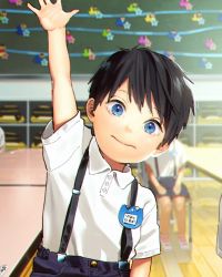 Rule 34 | aged down, black hair, blue eyes, blurry, chalkboard, child, classroom, depth of field, free!, hana (dqkmb362), hand up, looking at viewer, male focus, name tag, nanase haruka (free!), shirt, shorts, solo focus, suspender shorts, suspenders, white shirt