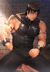 Rule 34 | 1boy, absurdres, animal ears, arkapami, arknights, arm tattoo, bara, barefoot, belt, black belt, black hair, broca (arknights), brown eyes, closed mouth, covered erect nipples, highres, kneeling, large pectorals, looking at viewer, male focus, muscular, muscular male, nipples, pants, pectorals, short hair, sidepec, solo, tattoo, taut clothes, wet, wet clothes, wet hair