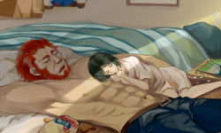 Rule 34 | 2boys, beard, bed, black hair, chulxi, facial hair, fate/stay night, fate/zero, fate (series), green hair, iskandar (fate), male focus, map, multiple boys, oversized clothes, pants, red eyes, red hair, topless male, sleeping, waver velvet, yaoi