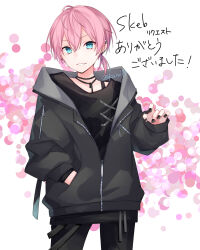Rule 34 | black jacket, black nails, black pants, black shirt, blue eyes, commission, copyright request, ear piercing, earrings, hair between eyes, hand in own hair, highres, jacket, jewelry, kuroi (liar-player), long sleeves, looking at viewer, nail polish, pants, piercing, pink hair, puffy long sleeves, puffy sleeves, shirt, skeb commission, sleeves past wrists, smile, solo, standing, translation request, twitter username, white background