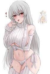 Rule 34 | 1girl, alternate costume, arknights, arm under breasts, bare shoulders, blush, breasts, collarbone, commentary, cowboy shot, cropped sweater, detached sleeves, eyelashes, furrowed brow, grey hair, grey ribbon, groin, hair between eyes, hand up, heart, high collar, highres, huge breasts, legs together, long hair, long sleeves, looking at viewer, meme attire, namikare, naughty face, navel, open mouth, panties, photo inset, red eyes, ribbed panties, ribbed sleeves, ribbed sweater, ribbed thighhighs, ribbon, saliva, saliva trail, sharp teeth, side-tie panties, sideboob, simple background, sleeve cuffs, sleeveless, sleeveless sweater, sleeves past wrists, slit pupils, smile, solo, specter (arknights), standing, stomach, straight hair, strap, sweat, sweater, teeth, thighhighs, thighs, tongue, tongue out, turtleneck, turtleneck sweater, underboob, underwear, upper teeth only, very long hair, virgin destroyer sweater, white background, white panties, white sleeves, white sweater, white thighhighs, wide hips