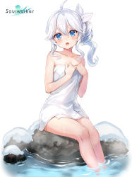 Rule 34 | 1girl, absurdres, ahoge, bare arms, bare shoulders, blue eyes, collarbone, flat chest, hair between eyes, hair ribbon, hands on own chest, highres, long hair, looking at viewer, naked towel, official art, onsen, open mouth, ribbon, ripples, rock, side ponytail, simple background, sitting, solo, soulworker, steam, stella unibell, thighs, towel, water, watermark, wavy hair, wet, white background, white hair