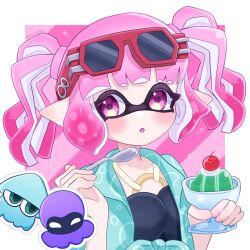 Rule 34 | 1girl, :o, cherry, commentary, cup, eyelashes, eyewear on head, food, fruit, highres, holding, holding cup, holding spoon, inkling, inkling girl, inkling player character, nintendo, pink eyes, pink hair, pointy ears, red-framed eyewear, short hair, simple background, solo, splatoon (series), spoon, sunglasses, tentacle hair, tonbofree, twintails, upper body, white background