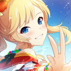 Rule 34 | 1girl, bare shoulders, blonde hair, blue eyes, blush, breasts, commentary request, face, grin, hair ornament, idolmaster, idolmaster million live!, jewelry, long hair, looking at viewer, mikapoe, necklace, ohtsuki yui, smile, solo