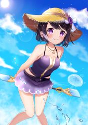Rule 34 | 1girl, absurdres, arms behind back, black hair, blue sky, blush, casual one-piece swimsuit, closed mouth, clothing cutout, dot nose, feet out of frame, flower, hat, hat flower, hat ribbon, highres, holding, holding paddle, jellyfish, jewelry, knees together feet apart, kuroe (madoka magica), kuroe (swimsuit ver.) (madoka magica), leaning forward, looking at viewer, magia record: mahou shoujo madoka magica gaiden, mahou shoujo madoka magica, necklace, one-piece swimsuit, paddle, purple eyes, purple flower, purple one-piece swimsuit, ribbon, short hair, side cutout, sky, smile, solo, spaghetti strap, starfish, straw hat, swept bangs, swimsuit, swimsuit skirt, takanako (saki0702), water drop, white ribbon, yellow hat