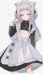 Rule 34 | 1girl, absurdres, animal ears, apron, black jacket, black nails, black ribbon, black skirt, blunt bangs, blush, cat ears, closed mouth, commentary, cowboy shot, grey background, grey hair, hair ribbon, heart, highres, hololive, jacket, jersey maid, long sleeves, looking to the side, maid, maid apron, maid headdress, murasaki shion, nail polish, oisiimizu, ribbon, short bangs, simple background, skirt, sleeve cuffs, solo, track jacket, two side up, unconventional maid, virtual youtuber, yellow eyes, zipper, zipper pull tab