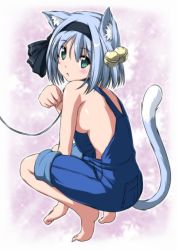Rule 34 | 1girl, animal ears, aqua eyes, bare arms, barefoot, bell, blush, breasts, cat ears, cat girl, cat tail, collar, feet, female focus, hair ornament, hair ribbon, kemonomimi mode, konpaku youmu, leash, looking at viewer, naked overalls, nori tamago, overalls, paw pose, ribbon, sideboob, silver hair, solo, sparkle, squatting, tail, touhou