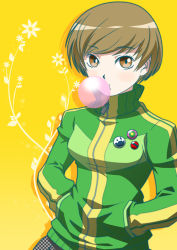 Rule 34 | 1girl, atlus, badge, brown hair, blowing bubbles, c (neta), chewing gum, hands in pockets, magukappu, persona, persona 4, satonaka chie, short hair, solo, turtleneck