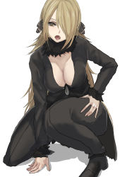 Rule 34 | 1girl, absurdres, black footwear, black pants, blonde hair, breasts, brown eyes, cleavage, creatures (company), cynthia (pokemon), full body, fur trim, game freak, hair over one eye, hair ribbon, highres, long hair, looking at viewer, misaki nonaka, nintendo, on one knee, open mouth, pants, pokemon, pokemon dppt, ribbon, shoes, solo, tongue, tongue out