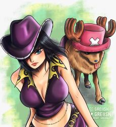 Rule 34 | 1boy, 1girl, alternate costume, antlers, antlers through headwear, artist name, black hair, blue eyes, blunt bangs, commentary, cowboy hat, english commentary, greciiagzz, hat, hat over one eye, highres, horns, instagram logo, instagram username, long hair, nico robin, one eye covered, one piece, pink headwear, purple headwear, reindeer antlers, tongue, tongue out, tony tony chopper, twitter logo, twitter username