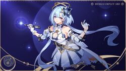 Rule 34 | 1girl, aged up, armpit crease, blue background, blue hair, blue headwear, blue theme, breasts, chinese commentary, cleavage cutout, clothing cutout, dress, earrings, gloves, griseo, griseo (cosmic expression), halo, highres, holding, holding paintbrush, holding weapon, honkai (series), honkai impact 3rd, jewelry, large breasts, light blue hair, long hair, looking at viewer, official art, official wallpaper, open hand, paintbrush, planet, purple eyes, solo, star (sky), twintails, upper body, weapon, white dress, white gloves, white sleeves