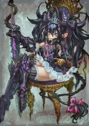 Rule 34 | 1girl, armor, black hair, bow, crossed legs, fang, flat chest, gauntlets, headband, highres, horns, jonpei, long hair, open mouth, purple eyes, sitting, smile, solo, tail, thighs, throne, twintails