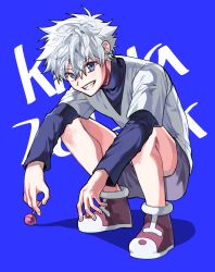 Rule 34 | 1boy, text background, black shorts, blue background, blue eyes, blue shirt, candy, commentary request, fingernails, food, grin, hair between eyes, happy, highres, holding, holding candy, holding food, holding lollipop, hunter x hunter, killua zoldyck, layered sleeves, light blush, lollipop, long sleeves, looking at viewer, male focus, messy hair, red footwear, shadow, shirt, shoes, short hair, short over long sleeves, short sleeves, shorts, smile, sneakers, solo, spiked hair, squatting, t-shirt, turtleneck, white hair, white shirt, yunoo (cmzkvneld845)