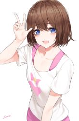 Rule 34 | 1girl, absurdres, blue eyes, blush, brown hair, collarbone, commentary request, highres, original, pink shorts, shirt, short hair, short sleeves, shorts, simple background, smile, solo, star741, w, white background, white shirt