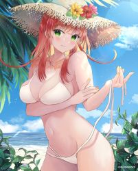 Rule 34 | 1girl, arm under breasts, bare shoulders, beach, bikini, blue sky, breast hold, breasts, cleavage, contrapposto, day, fujimori shiki, green eyes, groin, hat, highres, large breasts, looking at viewer, melonbooks, multi-strapped bikini, navel, ocean, orange hair, outdoors, palm tree, sand, sky, solo, straw hat, swimsuit, tree, white bikini