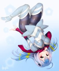 Rule 34 | 1girl, blue background, blue footwear, blue hair, blue thighhighs, boots, breasts, covered navel, doyouwantto, guts seijin, high heel boots, high heels, long hair, looking at viewer, pantyhose, red eyes, signature, solo, striped clothes, striped pantyhose, striped thighhighs, thigh boots, thighhighs, ultra kaijuu gijinka keikaku, ultra series, ultraseven (series), upside-down, white background