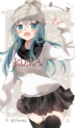 Rule 34 | 10s, 1girl, aqua eyes, aqua hair, beanie, black skirt, black thighhighs, blush, casual, commentary request, hair ornament, hairclip, hat, kantai collection, long hair, open mouth, shijima (sjmr02), skirt, smile, solo, standing, star (symbol), suzuya (kancolle), thighhighs, translated, waving, zettai ryouiki