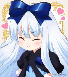 Rule 34 | 1girl, aizawa rei, black capelet, black gloves, blush, bow, brown background, capelet, closed eyes, closed mouth, commentary request, elbow gloves, facing viewer, fur-trimmed gloves, fur trim, gloves, grey hair, hands up, heart, highres, long hair, microsoft, mitya, outline, silverlight, smile, solo, twitter username, upper body, white bow, white outline