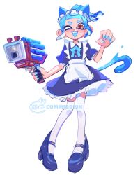 Rule 34 | 1girl, animal ears, apron, blue hair, brown eyes, cat ears, cat tail, clash blaster (splatoon), commentary, commission, dress, english commentary, frilled dress, frills, gun, high heels, highres, holding, holding gun, holding weapon, looking at viewer, maid apron, maid headdress, nintendo, octoling, octoling girl, octoling player character, one eye closed, open mouth, paw pose, short hair, simple background, smile, solo, splatoon (series), splatoon 3, tail, teeth, tentacle hair, thick eyebrows, thighhighs, tokkibada, upper teeth only, watermark, weapon, white background, white thighhighs