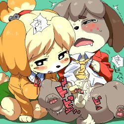 Rule 34 | 1boy, 1girl, agemono, aliasing, animal crossing, bar censor, bell, blush, blush stickers, bottomless, breasts, brother and sister, censored, closed eyes, clothes, cum, digby (animal crossing), dog, erection, furry, green background, handjob, hetero, incest, isabelle (animal crossing), jingle bell, kneeling, large breasts, lowres, necktie, nintendo, no humans, oekaki, penis, pointless censoring, saliva, shirt, siblings, simple background, sitting, skirt, small penis
