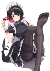 1girl absurdres aki_(user_mxzg2544) black_hair black_pantyhose blush closed_mouth colored_inner_hair earrings ellen_joe feet fins fish_tail hair_between_eyes highres jewelry legs looking_at_viewer maid maid_headdress mole mole_under_eye multicolored_hair no_shoes pantyhose red_eyes red_hair shadow shark_girl shark_tail short_hair sidelocks simple_background sitting soles solo tail two-tone_hair white_background zenless_zone_zero