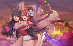Rule 34 | 2girls, ;d, ahri (league of legends), animal ears, bad id, bad pixiv id, bare shoulders, black dress, black footwear, black hair, blood moon evelynn, blue skin, blush, bracelet, breasts, brown eyes, cloud, cloudy sky, collarbone, colored skin, commentary, curled horns, dduck kong, detached sleeves, dress, evelynn (league of legends), fang, female focus, fox ears, fox girl, fox tail, glint, gradient skin, grey eyes, hair between eyes, heart, heart hands, highres, horns, jewelry, kitsune, large breasts, league of legends, long hair, long sleeves, mask, mask on head, multiple girls, one eye closed, open mouth, outdoors, over-kneehighs, red eyes, red shirt, sandals, shirt, short sleeves, skirt, sky, smile, standing, standing on one leg, strapless, sunset, tail, thighhighs, very long hair, white legwear, white skirt, wide sleeves, yuri, zouri