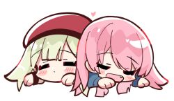 2girls bang_dream! bang_dream!_it&#039;s_mygo!!!!! beret blue_jacket blush chibi chibi_only chihaya_anon closed_eyes commentary fang hat heart jacket long_sleeves mortis_(bang_dream!) multiple_girls open_mouth pink_hair red_hat simple_background symbol-only_commentary wakaba_mutsumi white_background zhanzhangzlw