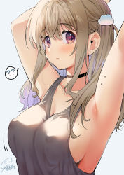 Rule 34 | 1girl, ?, ??, absurdres, armpits, arms up, bare shoulders, black choker, blush, breasts, brown hair, choker, cleavage, closed mouth, collarbone, commentary request, covered erect nipples, dated, eyelashes, fingernails, geshumaro, grey tank top, hair between eyes, hair ornament, hairclip, hands up, highres, large breasts, long hair, looking at viewer, mole, mole on arm, motion lines, nail polish, no bra, one side up, original, pink nails, purple eyes, sideboob, sidelocks, signature, solo, spoken question mark, tank top, teeth, upper body