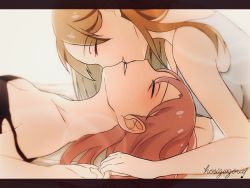 Rule 34 | 2girls, breasts, brown hair, cleavage, closed eyes, commentary request, face, holding hands, hoshizora no shita, imminent kiss, kiss, letterboxed, long hair, lying, multiple girls, on back, on stomach, original, parted lips, red hair, smile, strap slip, upside-down kiss, yuri