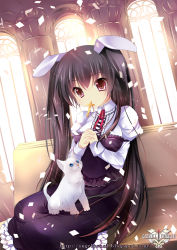 Rule 34 | 1girl, animal ears, black hair, rabbit ears, cat, cross, duji amo, female focus, own hands clasped, highres, indoors, long hair, mouth hold, original, own hands together, pink eyes, praying, sitting, solo, twintails